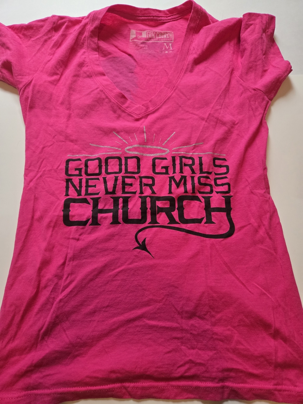 Good Girls Never Miss Church V-Neck Tee - Hot Pink - Medium